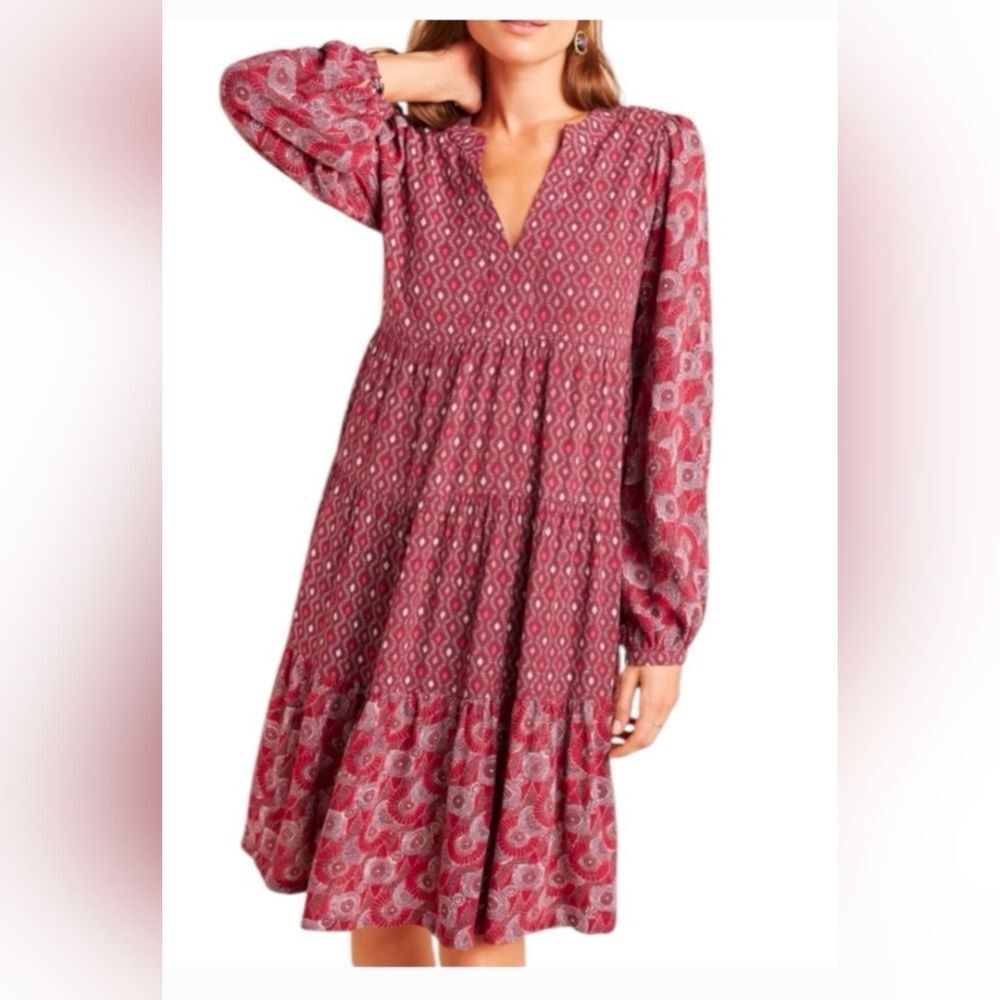 Anthropologie Amber Boho Tiered Long Sleeve Tunic Babydoll Dress Wine XS Swing